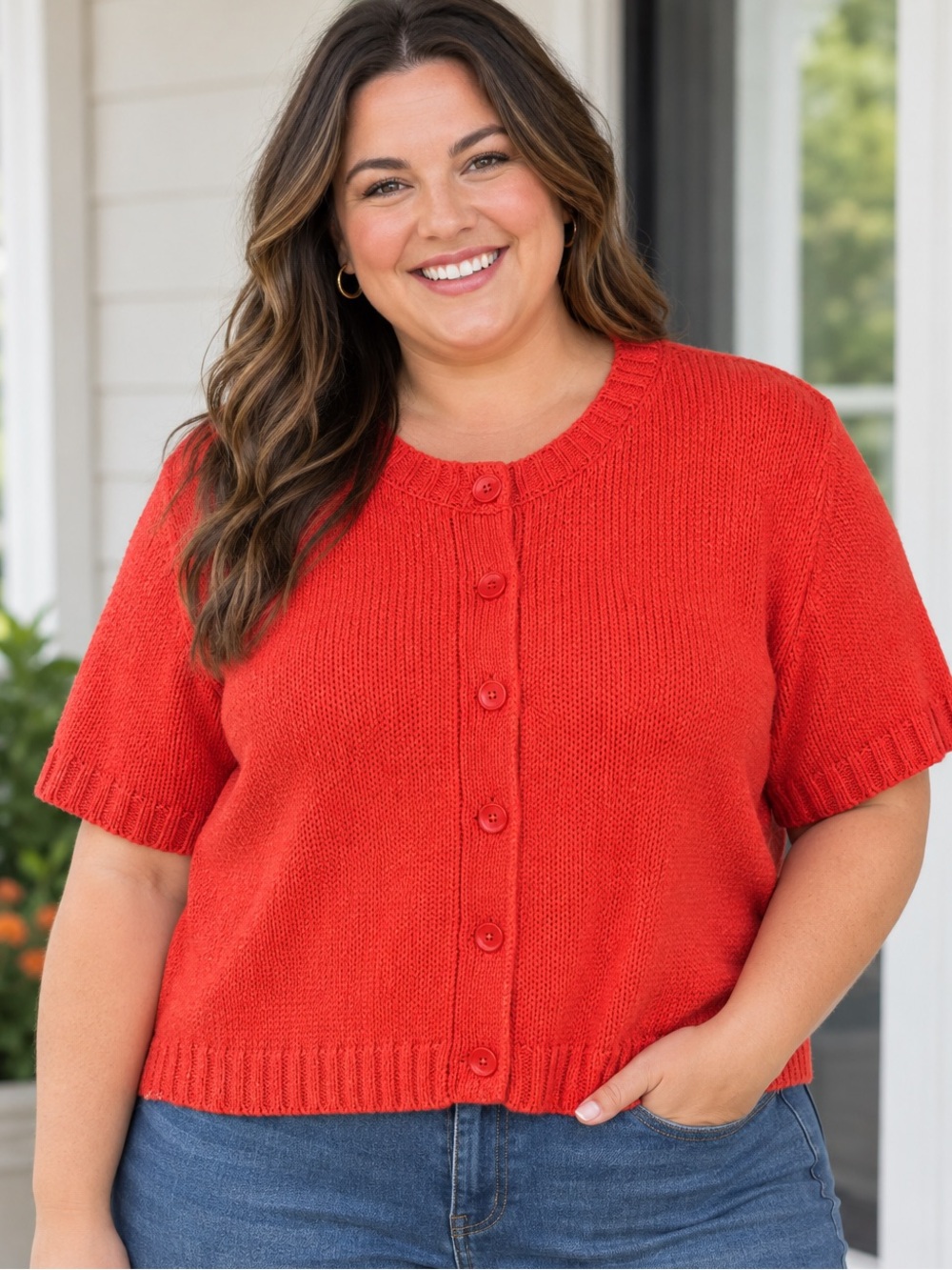 Sonoma Button Front Short-Sleeve Cardigan in Orange Size XXL Layering Autumn